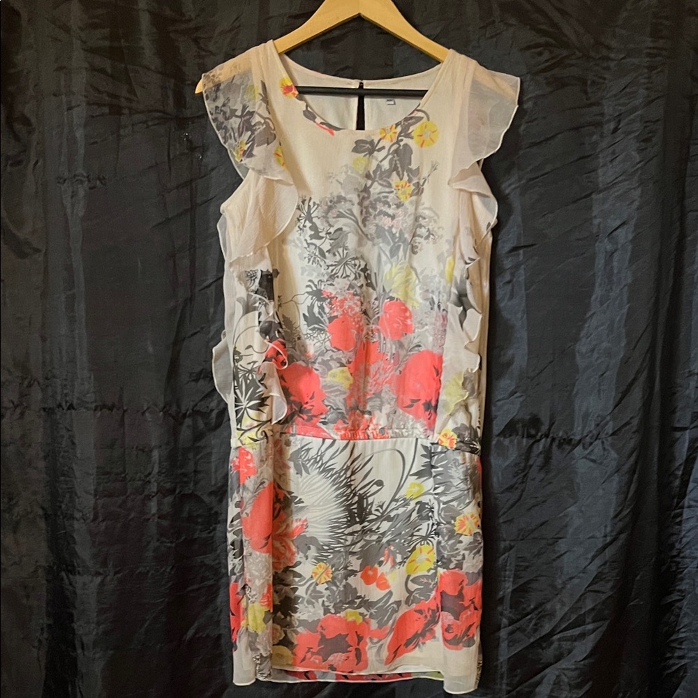 Buffalo David Bitton Coral and Yellow Floral Ruffle Sleeve Mini Dress